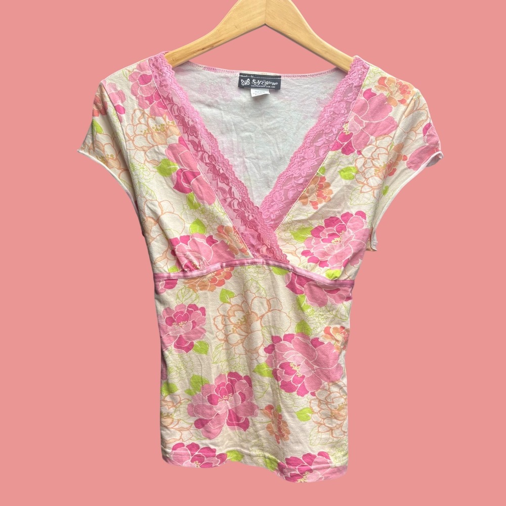 Self Esteem Y2K Floral Lace Trim Empire Waist Top Pink Orange XL 4293865X